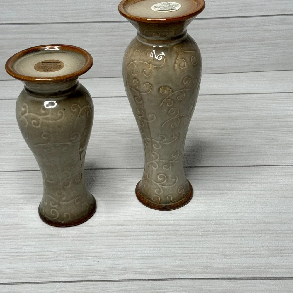 Set of 2‎ Ceramic Vases Beige Swirl Glaze Amber Interior Decorative Home Decor